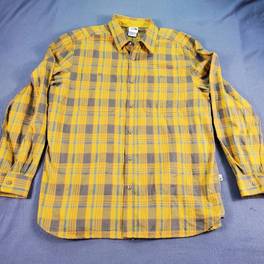 The North Face Mens XL Yellow Plaid Flannel Button Down Shirt Long Sleeve Cotton